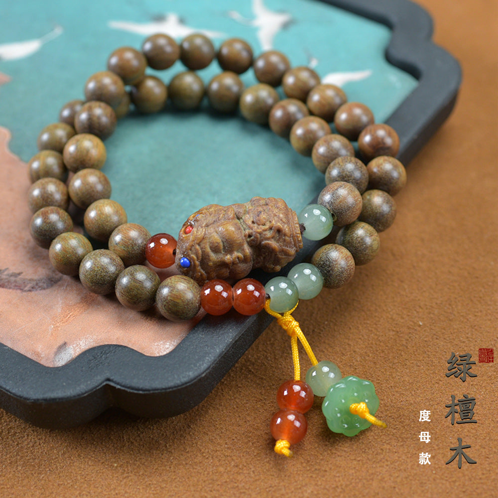 Green sandalwood double circle pendant bracelet female carving