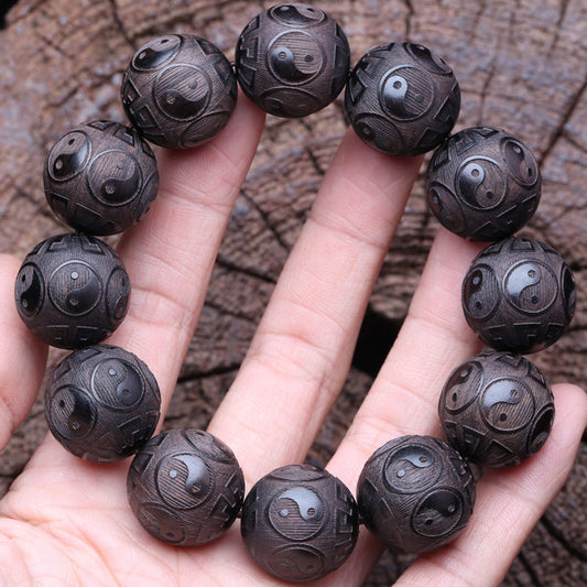 Ebony Carving Tai Chi Bagua Taoist Bracelet Male Jiugong Bagua Auspicious Handheld Rosary Bead