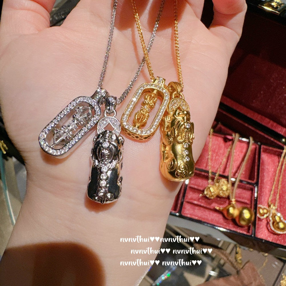 Ancient Taoist gold filigree chisel engraving vajra pestle Pixiu necklace, new Chinese style, rich woman, Pixiu copper coins stacked with pendant chain