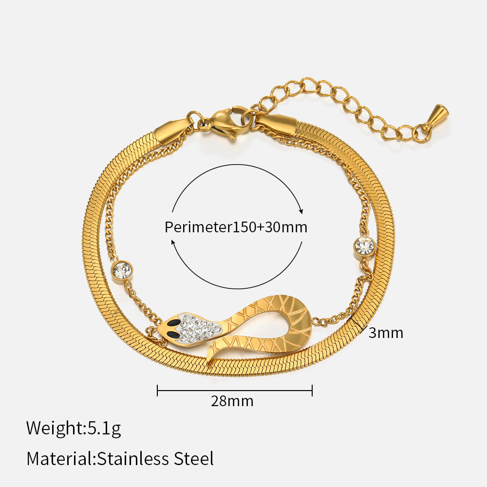 Taoist European and American fashion snake-shaped double-layer stainless steel bracelet with diamonds 18K gold-plated titanium steel snake bone chain women