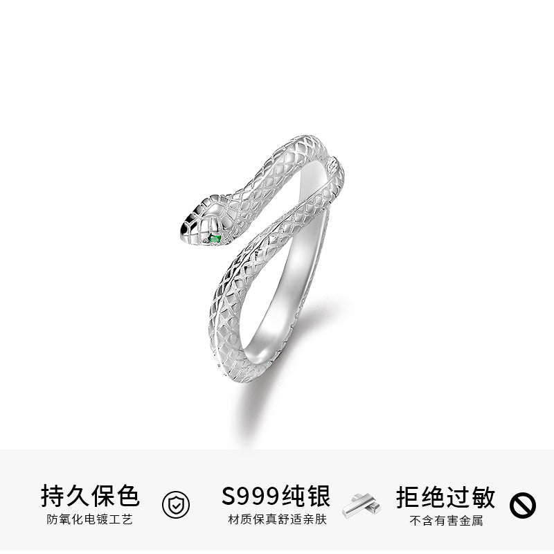 Taoist s999 foot silver fashion spirit snake ring index finger zodiac snake personality open ring men's and women's rings