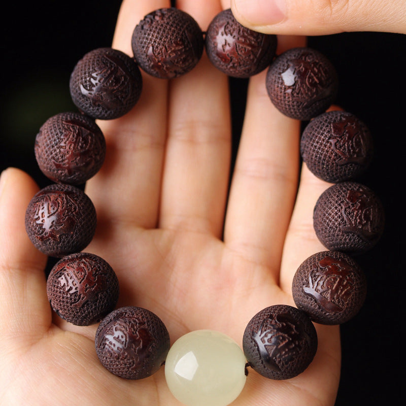 lobular red sandalwood engraved Pixiu night moonstone rosary bracelet