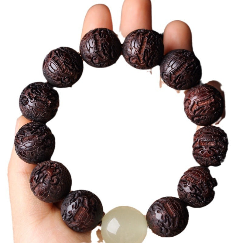 lobular red sandalwood engraved Pixiu night moonstone rosary bracelet