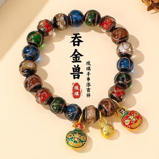 Temple incense ash glazed bracelet incense ash glazed stone five elements Duobao swallowing gold beast bracelet dzi bead agate bracelet