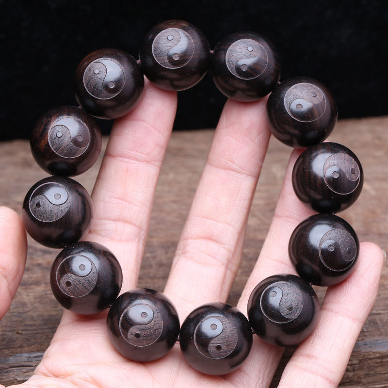 Ebony Carving Tai Chi Bagua Taoist Bracelet Male Jiugong Bagua Auspicious Handheld Rosary Bead