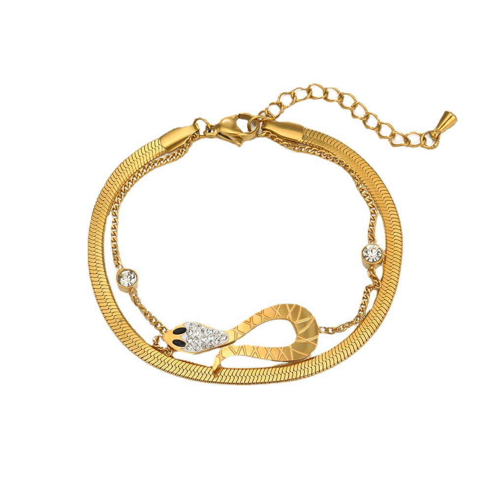 Taoist European and American fashion snake-shaped double-layer stainless steel bracelet with diamonds 18K gold-plated titanium steel snake bone chain women