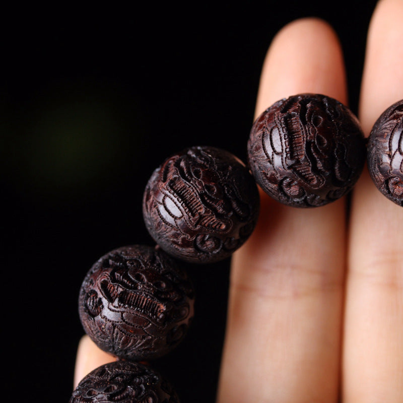 lobular red sandalwood engraved Pixiu night moonstone rosary bracelet