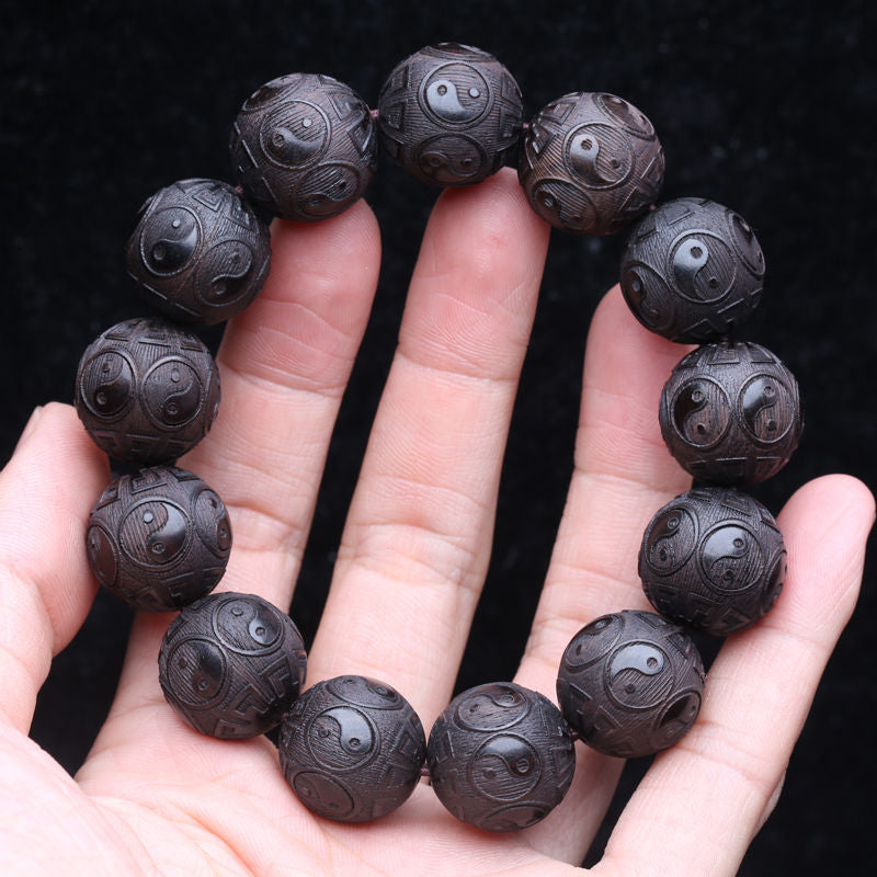 Ebony Carving Tai Chi Bagua Taoist Bracelet Male Jiugong Bagua Auspicious Handheld Rosary Bead